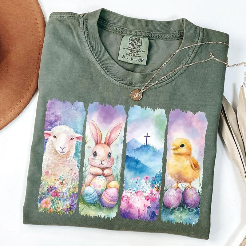 Comfort Colors Brushstroke Easter Shirt, Pastel Spring Christian Shirt, Cute Bunny Lamb Chick Tee, Faith Easter Graphic...