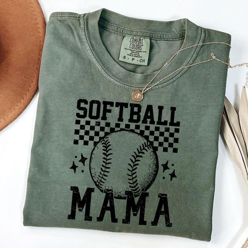 Comfort Colors Checkered Softball Mama Shirt, Game Day T-Shirt, Softball Mom Life Tee, Mother's Day Gift, Unisex T-Shirt