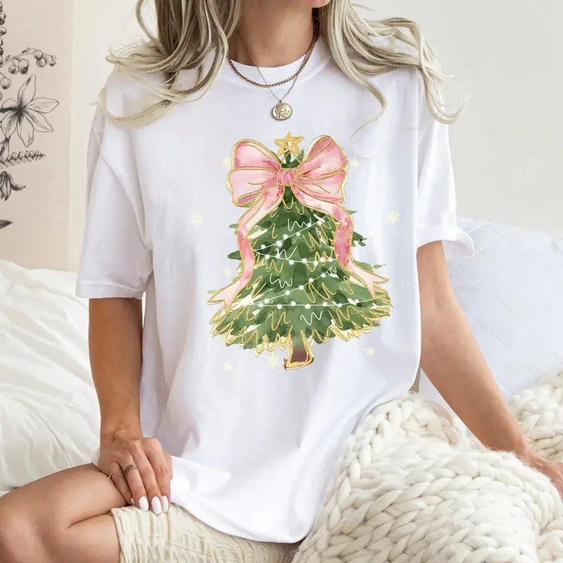 Comfort Colors Christmas Tree Bow Shirt, Christmas Shirt for Women, Christmas Coquette Shirt Hoodie, Sweatshirt