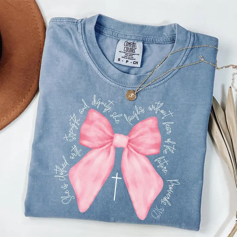 Comfort Colors Coquette Christian Shirt Pink Bow Faith Shirt Bible Verse Shirt Womens Christian Gifts Religious Women Gift Jesus Apparel