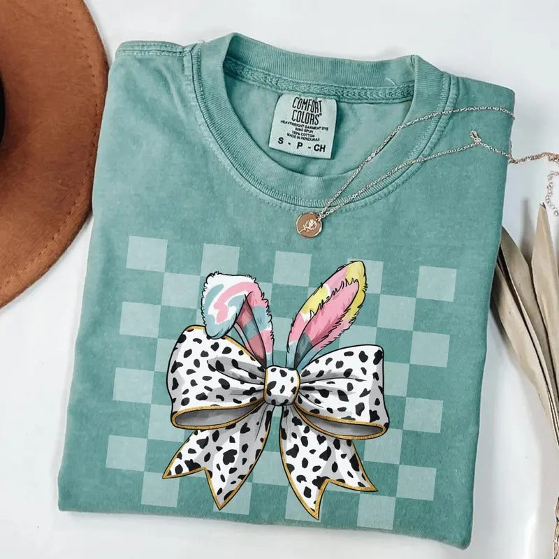 Comfort Colors Coquette Easter Shirt Bow Bunny Ears Brushstroke Bunny Shirt Rabbit Tee Checkered Easter Gift Glitter...