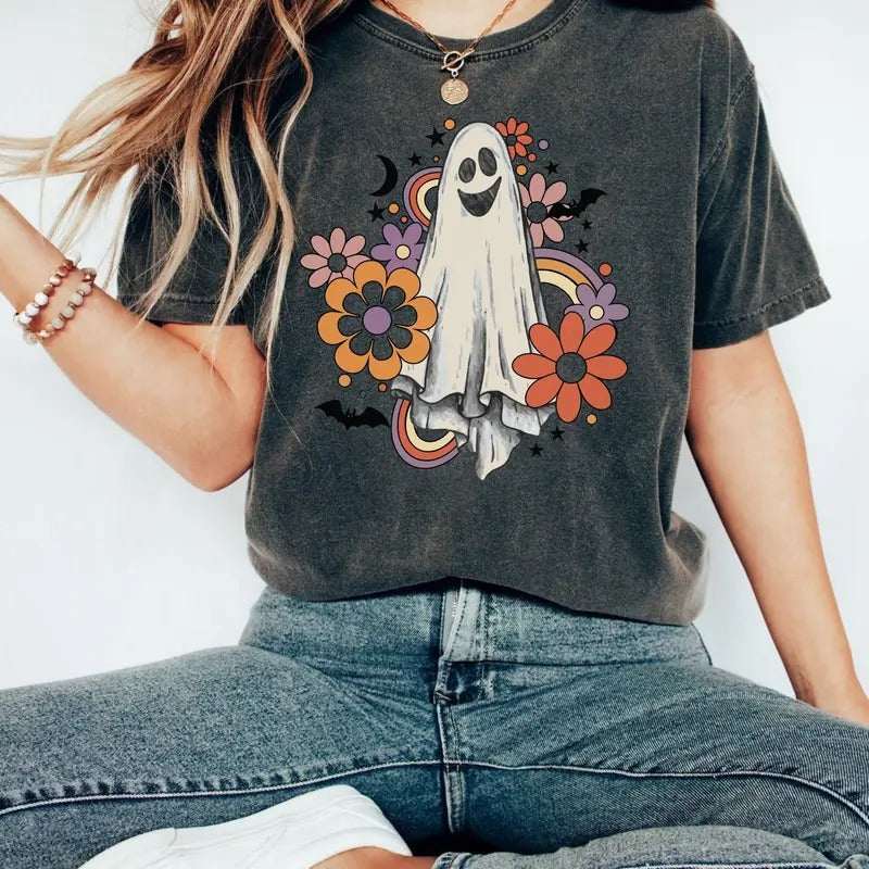 Comfort Colors Retro Halloween t-shirt, Vintage Floral Ghost Halloween Shirt, Retro Fall Shirt, Vintage Ghost Shirt,...