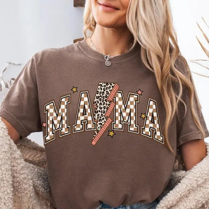 Comfort Colors Retro Mama Shirt, Retro Checkered Lightening Bolt Mama Tee, For Birthday, For Her, Mothers Day Gift, For...