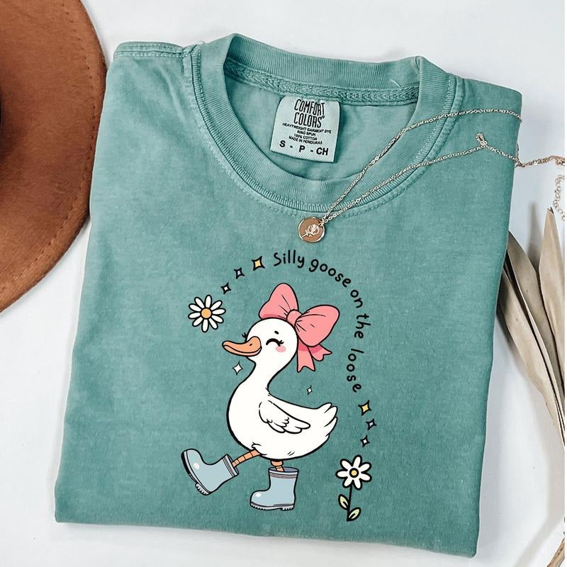 Comfort Colors Silly Goose On The Loose Shirt, Silly Goose Daisy Shirts, Funny Graphic Shirt, Bow Goose Tee, Unisex...