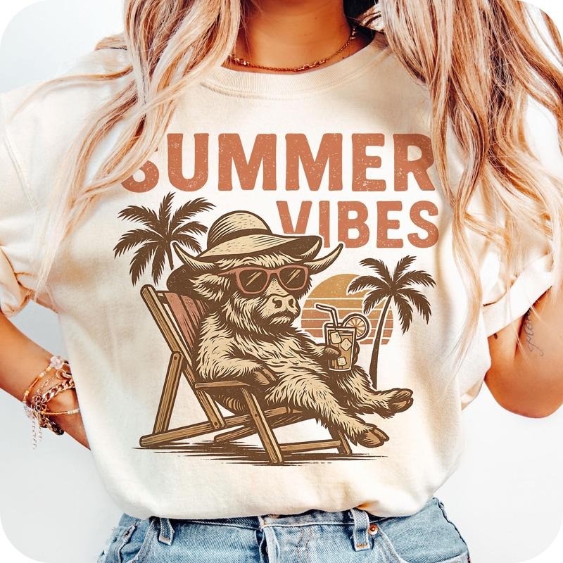 Comfort Colors Summer Vibes T-Shirt, Funny Highland Cow Shirt, Retro Summer Shirt, Beach T-Shirt, Cowgirl Summer Shirt,...