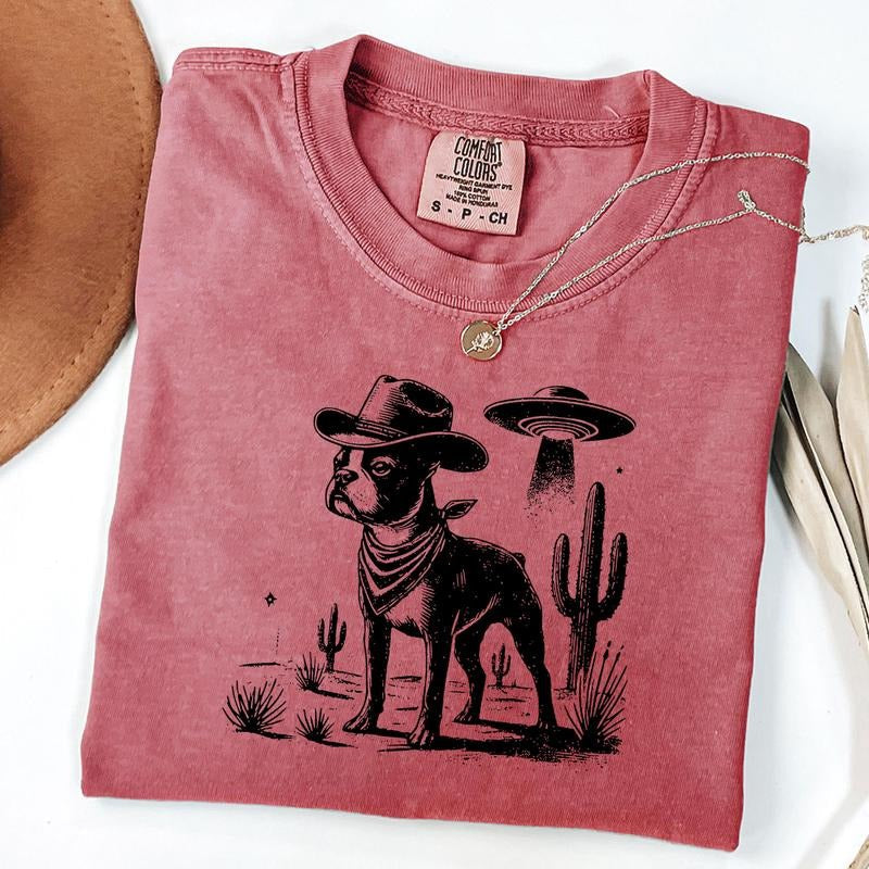 Comfort Colors Vintage Boston Terrier Shirt, Boston Terrier Retro UFO Western Shirt, Vintage Dog T-Shirt, Cowboy T-Shirt,...