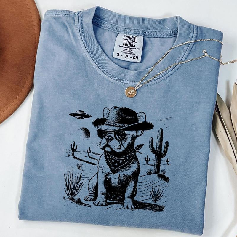 Comfort Colors Vintage French Bulldog Shirt, Frenchie Retro Shirt, UFO Western Tee, Cowboy TShirt, Wild West T-shirt,...
