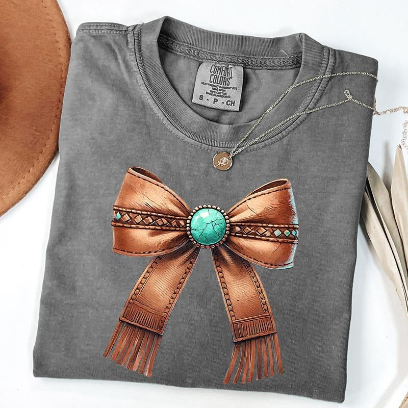 Comfort Colors Western Cowgirl Bow Shirt, Howdy Turquoise Bow Shirt, Cowhide Bow Tshirt, Coquette Cowgirl Aesthetic,...