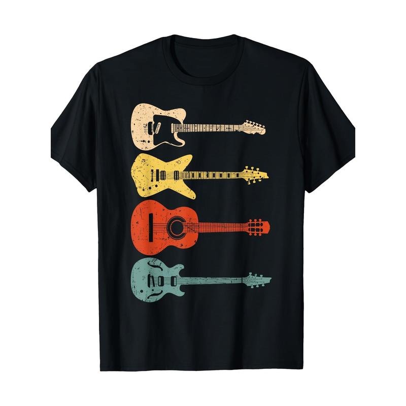 Cool Guitarist Art Graphic Tee, Unisex Vintage Acoustic Guitar Print, 100% Cotton, Basic Crew Neck, Regular Fit, Short...