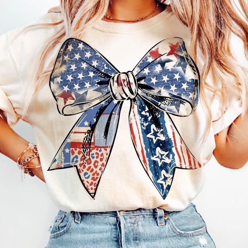 Coquette American Girl Tshirt, Coquette Bow Shirt, 4th of July Tee, Freedom, American Flag 4th of July Shirtstyle{n002}2...