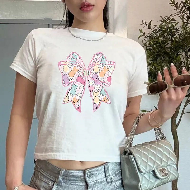 Coquette Bow Bunny Baby Tee, Happy Easter Cute Rabbits T-Shirt, Cute Bunny Baby Tee, Cute Coquette Peeps Baby Tee