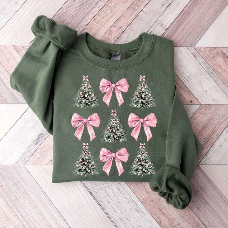 Coquette Bow Christmas Sweatshirt, Christmas Tree Shirt, Christmas Sweatshirt, Girly Christmas Sweater, Coquette Bow...