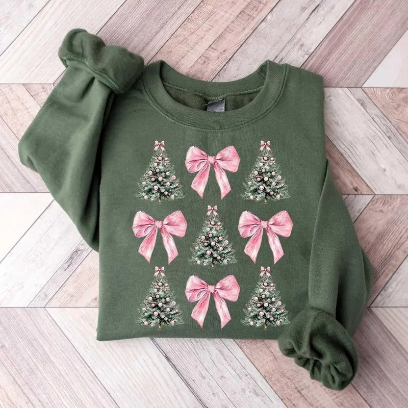 Coquette Bow Christmas Sweatshirt, Christmas Tree Shirt, Girly Christmas Sweater Womenswear Cotton Crewneck Hoodie