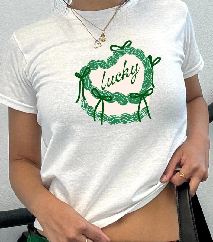 Coquette Bow Lucky Baby Tee, St Patrick's Day Baby Tee, Retro Lucky Vibes T-Shirt, Four Leaf Clover Shirt, Irish Shamrock...