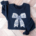 Coquette Bow Sweatshirt, Blue Ribbon Sweater, Girly Aesthetic Crewneck, Blue Floral Bow Shirt, Floral Bow Sweatshirt,...