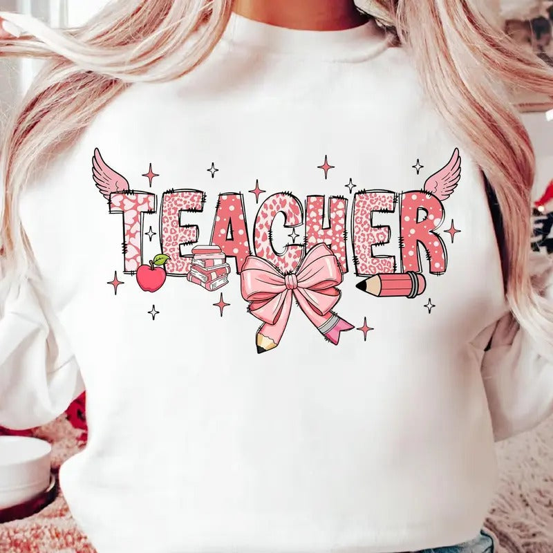 Coquette Bow Teacher Valentine Shirt, Teaching Is A Work Of Heart Valentine Shirt, Valentines Day Teacher Shirt,...