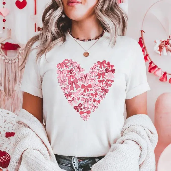 Coquette Bow Valentine's Day Tshirt, Pink Bow Heart Valentine Sweatshirt, Pink Bow Valentines Day Shirt, Retro Valentine...