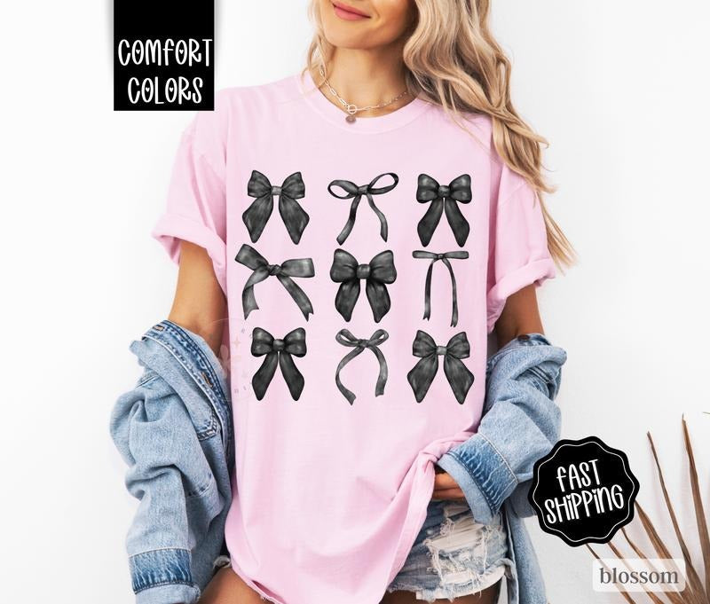 Coquette Bows Comfort Colors Shirt, Black Bow Tshirt, Cute Women's Tee Hoodie, Sweatshirt | CiraTrend.com