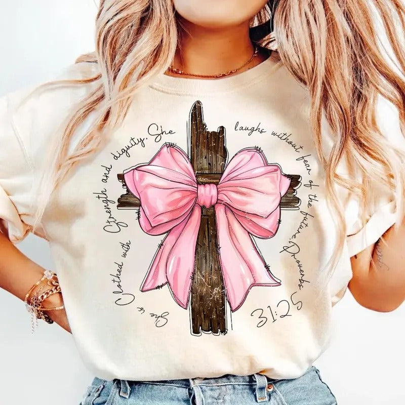 Coquette Christian Shirt Pink Bow Faith Shirt, Bible Verse Shirt, Womens Christian Gifts Religious Women Gift Jesus...