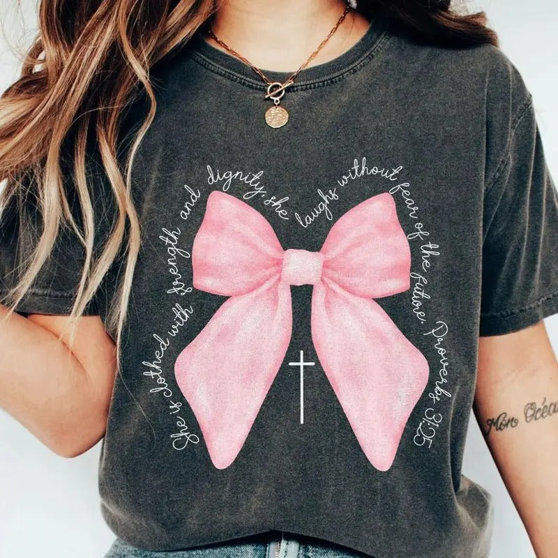 Coquette Christian Shirt, Proverbs She is Clothed with Strength Coquette Bow T-Shirt, Christian Sweatshirt, Christian...