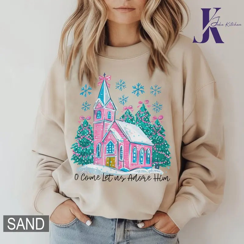 Coquette Christmas Tree Sweatshirt, Oh Come Let Us Adore Him Shirt, Jesus Christmas Sweatshirt, , Hand Drawn, Christian Christmas Sweater, Watercolor Christmas