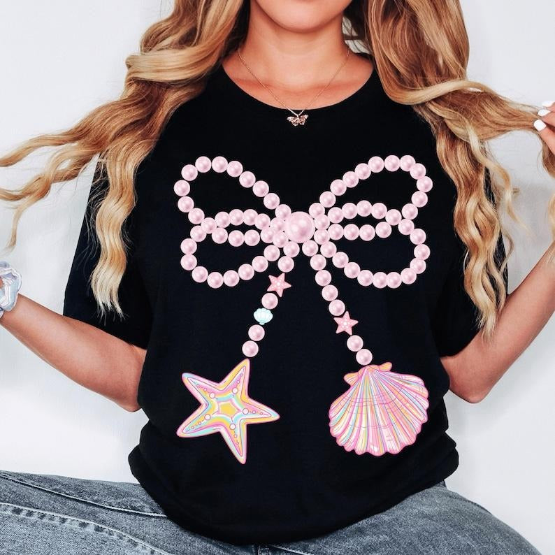 Coquette Clam Pearl Bow Tshirt, Coastal Seashell Starfish Shirt, Preppy Summer Vibes Pink Clam Tee, Girly Summer T-Shirt,...