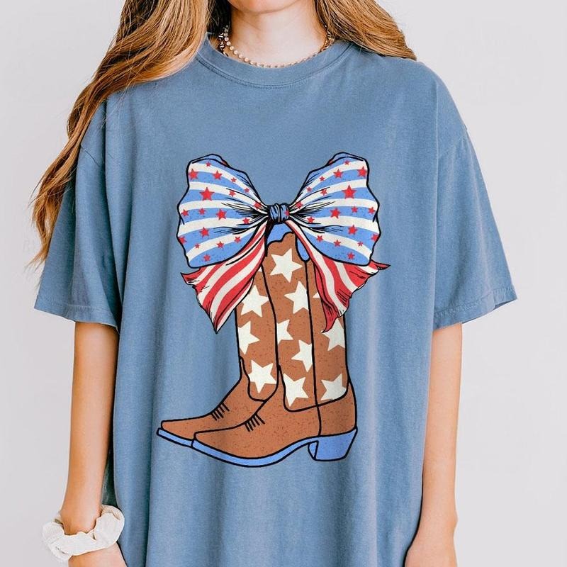 Coquette Cowgirl Boots Shirts, Pink Bow Coquette Shirt, 4th Of July Shirt, America T-shirt For Women, Western 4th Of...