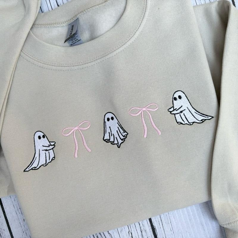 Coquette Ghost Embroidered Crewneck Sweatshirt Bows Pinkstyle{n002}2 T-Shirts, Hoodie | CiraTrend.com