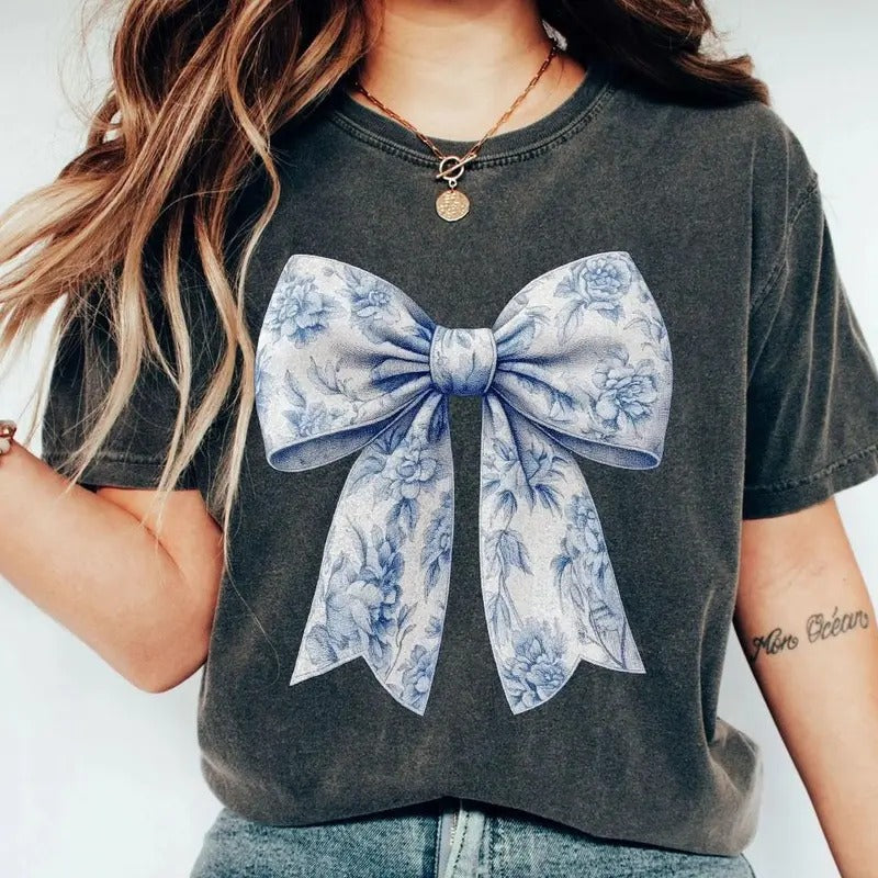 Coquette Girly Bow Toile De Jouy Casual Top Everyday Feminine T-Shirts, Hoodie, Sweatshirt