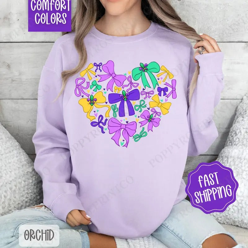 Coquette Mardi Gras Heart Comfort Colors Sweatshirt, Mardi Gras Bows Women's Crewneck, Holiday Women's Sweater