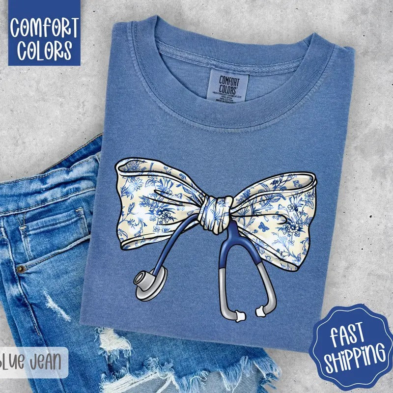 Coquette Nurse Bow Shirt Comfort Colors, RN Shirt, Gift for Nurse Hoodie, Sweatshirt | CiraTrend.com