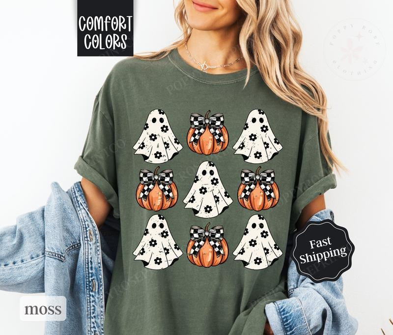 Coquette Pumpkin Shirt Comfort Colors, Fall Ghost Tshirt, Coquette Clothing, October Vibes Shirt for Women Oversized...