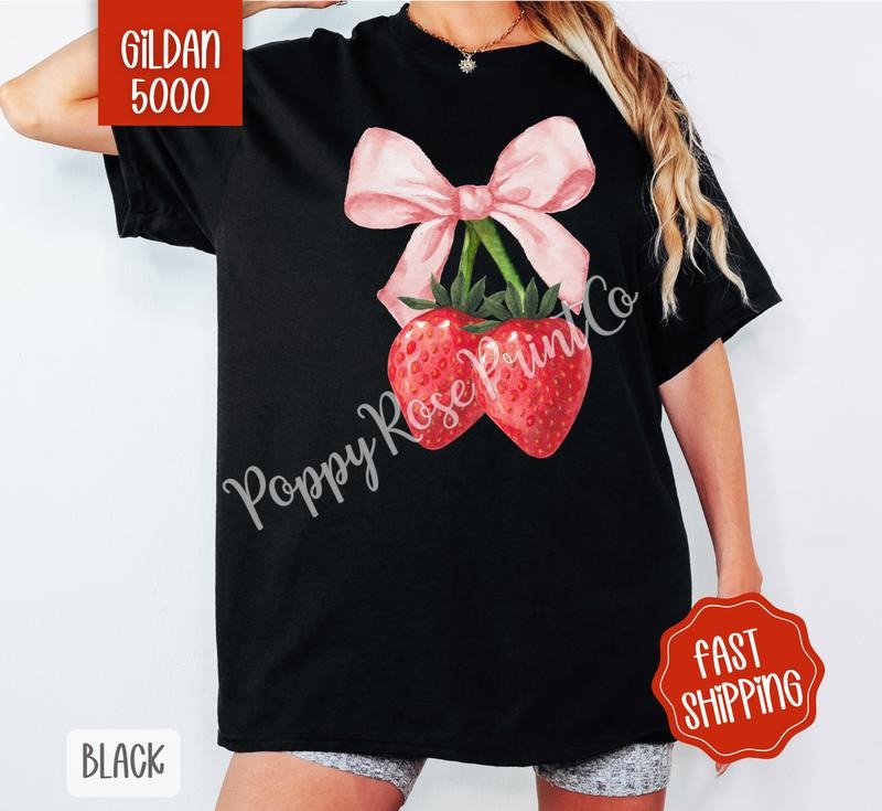 Coquette Strawberry Gildan Tshirt , Fruit Summer Tee, Cute Women's Shirt, Gift For Her Hoodie, Sweatshirt | CiraTrend.com