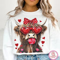 Coquette Valentine Cow | Retro Love Crewneck Sweatshirt | Highland Heifer Design T-Shirts, Hoodie | CiraTrend.com