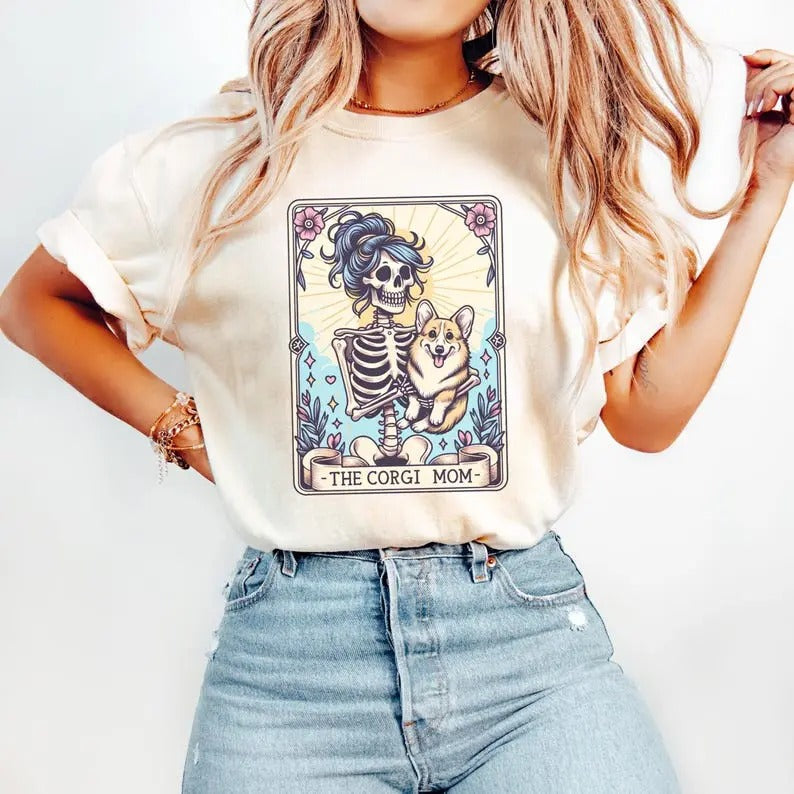 Corgi Shirt, Corgi Mom Tarot Card T-shirt, Corgi Gift, Halloween Dog Shirt, Skeleton Corgi Mom Tee, Gift for Corgi Lover...