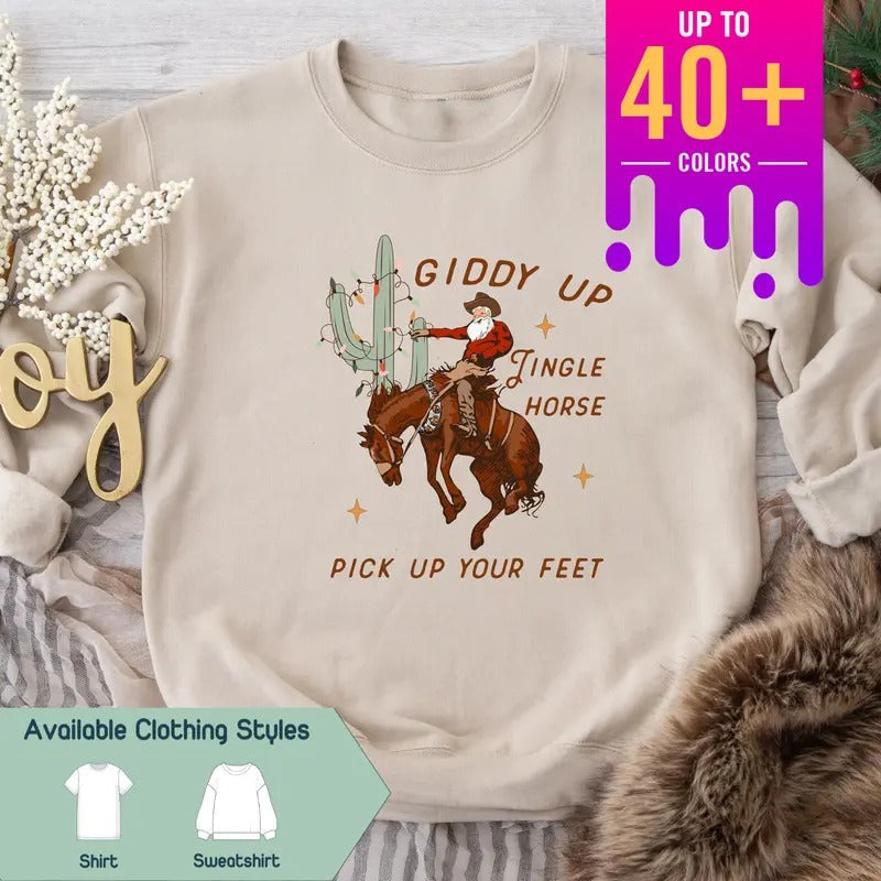 Cowboy Christmas Sweater - Giddy Up Jingle Horse Tee, Howdy Country Christmas Vibes, Perfect for Cowgirls, Christmas...