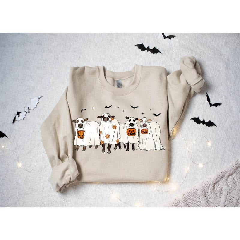 Cows Halloween Sweatshirt Halloween Ghost Cows Sweatshirt Spooky Cows Halloween Gifts Cow Lovers Halloween Gift  T-shirt,...