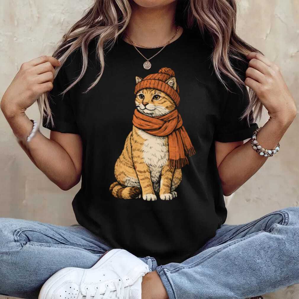 Cozy Autumn Orange Cat with Beanie and Scarf T Shirt