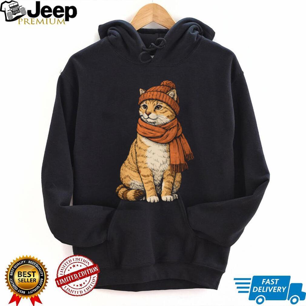 Cozy Autumn Orange Cat with Beanie and Scarf T Shirt