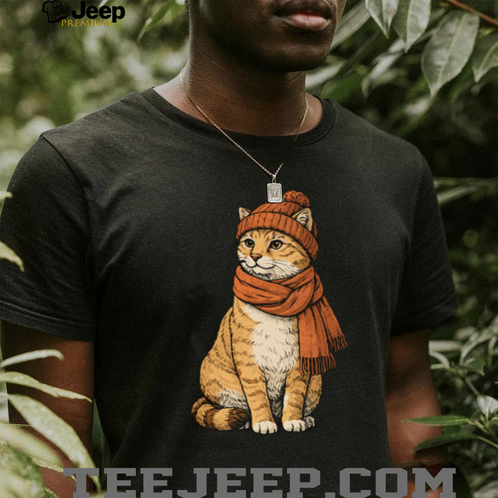 Cozy Autumn Orange Cat with Beanie and Scarf T Shirt
