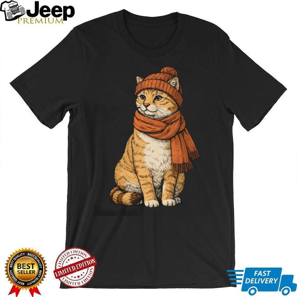 Cozy Autumn Orange Cat with Beanie and Scarf T Shirt