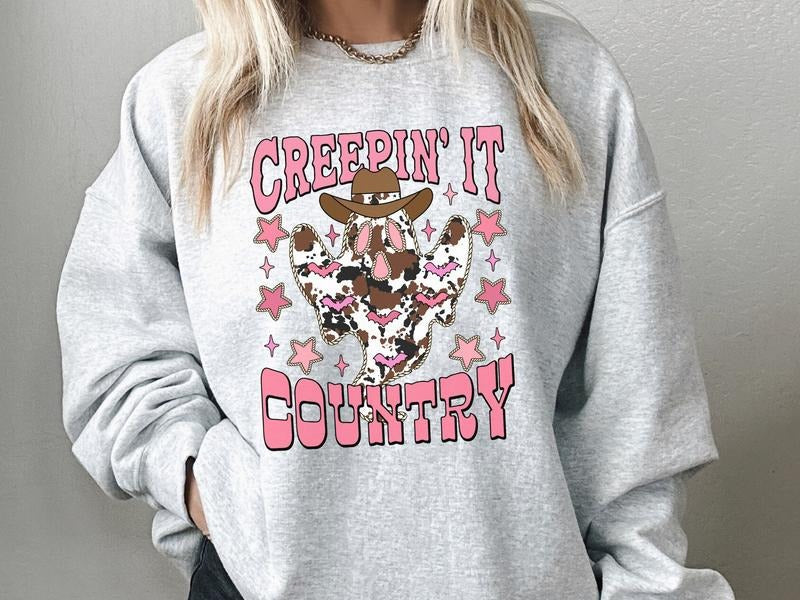 Creepin It Country Leopard Ghost Sweatshirt in Ash, Halloween Sweatshirt in Western Style T-Shirts, Hoodie | CiraTrend.com