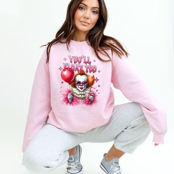 Pink Sweatshirt w/ Creepy Clown - Feminine Grunge Style, Alternative Fashion, Spooky Halloween Vibe, Edgy Appeal, Long Sleeve Crewneck, Unisex Sizing - Perfect for Halloween, Unique and Stylish, Stand Out with This Statement Piece, Comfortable and Trendy