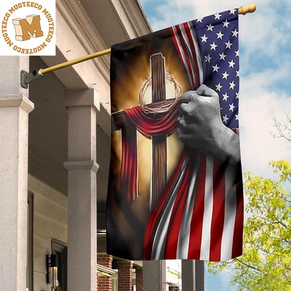 Cross Behind American Flag Garden Flag Outdoor Decor 2 Sides Garden House Flag