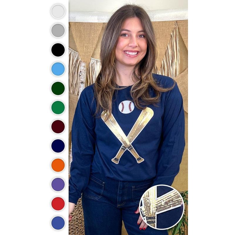 Crossed Bats Sequin Baseball Graphic  Long Sleeve T-Shirt Hoodie, Sweatshirt | CiraTrend.com