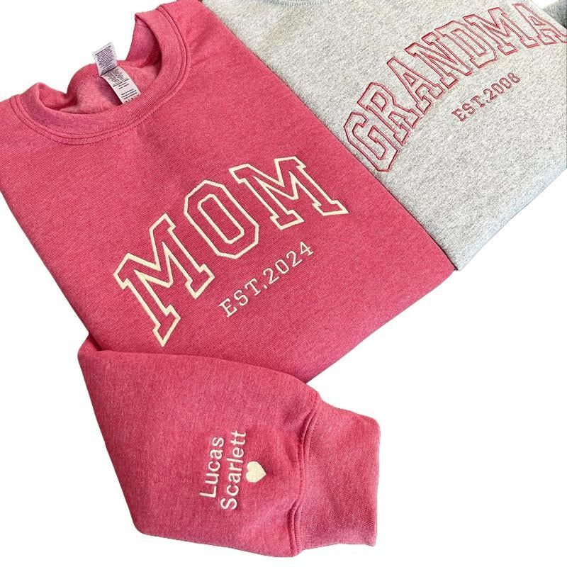 Custom Embroidered Mom Sweatshirt with Kids Name On Sleeve, Grandma Shirt With Date, Mama Est Year Sweater, Gift For New...