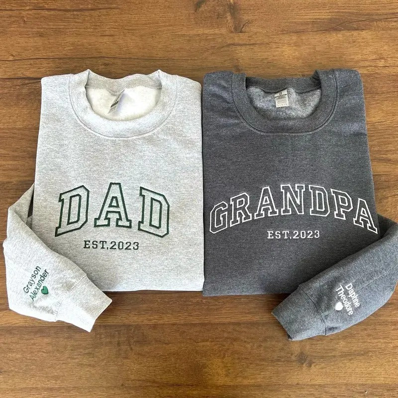 Custom Embroidered Sweatshirt, Name On Sleeve With Heart Hoodie, Grandpa Shirt With Date, Daddy Est Year Shirt, Gift For...