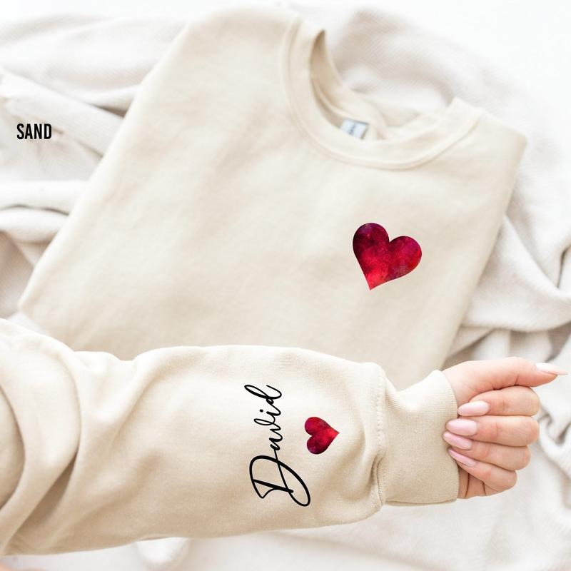 Custom Valentines Day Sweatshirt With Name on Sleeve, Valentine Heart Sweatshirt T-Shirts, Hoodie | CiraTrend.com