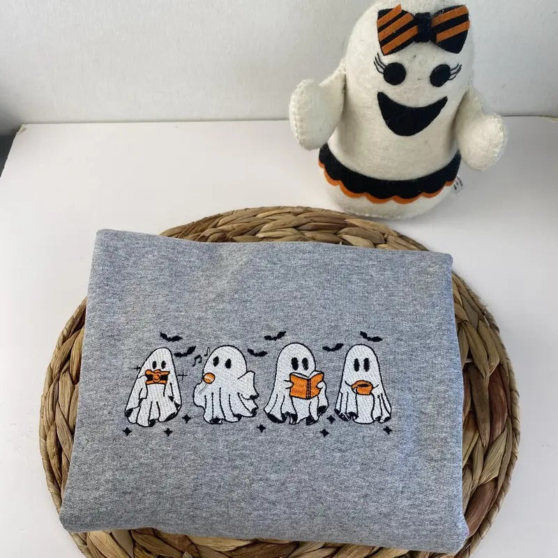 Cute And Scary Embroidered Sweatshirt - Embroidered Ghost Sweatshirt - Halloween Embroidered Sweatshirt - Halloween Gift...