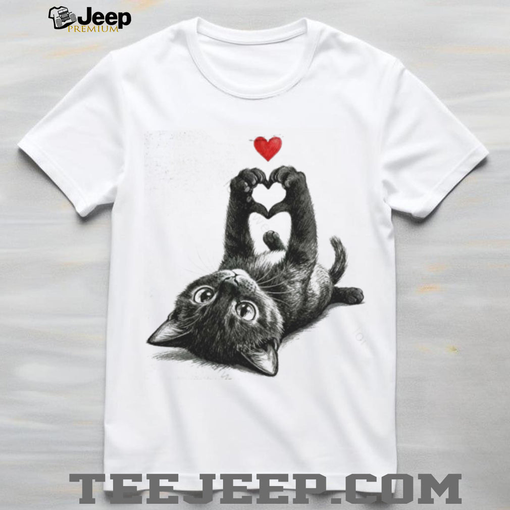 Cute Black Cat Heart Paws Graphic Tee For Cat Lovers